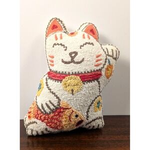 World Market Lucky‎ Maneki Neko Cat Throw Pillow Embroidered Fish Bell White 12"
